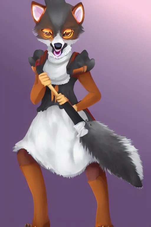 Image similar to anthropomorphic wolf fursona wearing a maid outfit holding a duster, backlighting, furry art, trending on artstation, digital art, trending on furaffinity