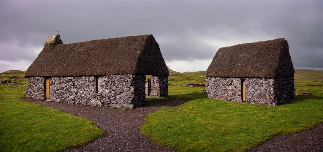 Prompt: postmodern scottish blackhouse. fujinon premista 1 9 - 4 5 mm t 2. 9. portra 8 0 0.