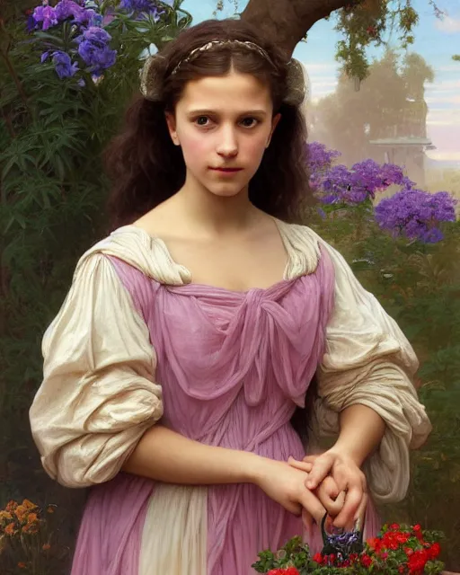 Prompt: a portrait painting of a shy, blushing 1 6 - year old alicia vikander or millie bobby brown as a princess in her flower garden with lanterns, intricate, elegant, highly detailed, artstation, concept art, by krenz cushart and donato giancola and william adolph bouguereau and alphonse mucha