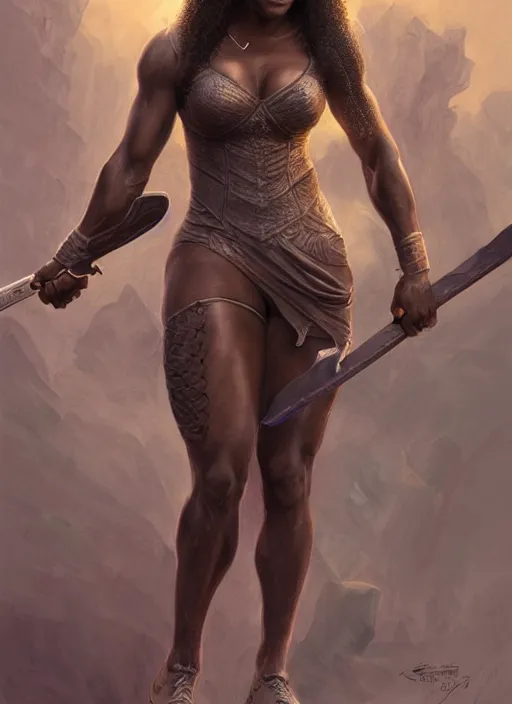 Image similar to serena williams as a ruggedly handsome hero holding an enormous large dual wielding sword, intricate, elegant, highly detailed, centered, digital painting, artstation, concept art, smooth, sharp focus, illustration, artgerm, donato giancola, Joseph Christian Leyendecker, WLOP, Boris Vallejo, Artgerm