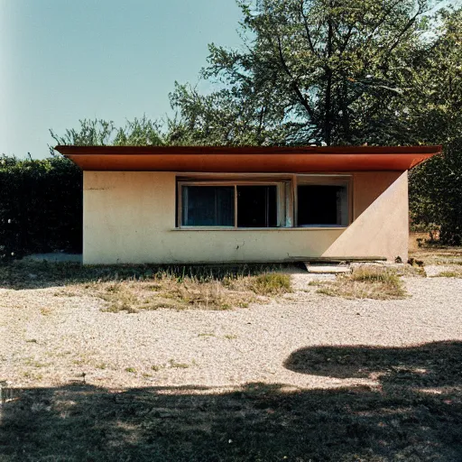 Prompt: Exterior of midcentury Bohemian house in Croatia. Photographed with Leica Summilux-M 24 mm lens, ISO 100, f/8, Portra 400