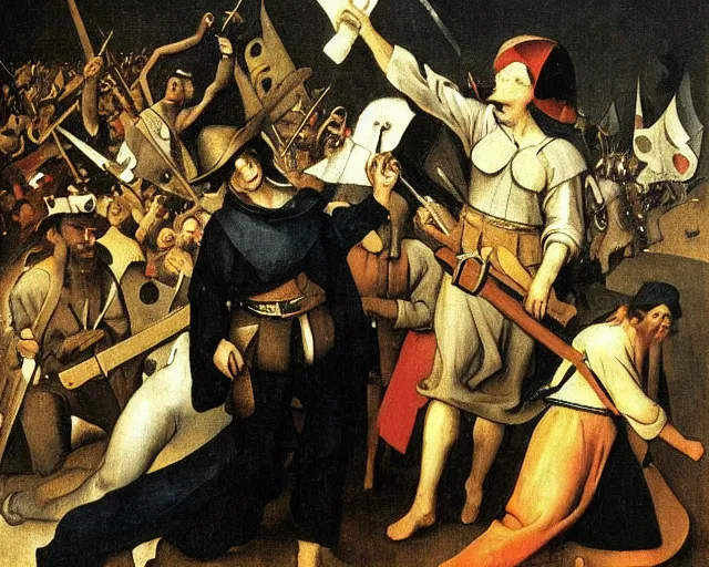 Prompt: Liberty Leading The People By Eugène Delacroix painting by Hieronymus Bosch