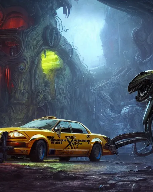 Prompt: xenomorph taxi car in a fantasy village, calming, uplifting mood, ultra realistic, farm, small buildings, highly detailed, epic lighting, bright light, full of color, illuminated, cinematic, morning, art by eddie mendoza