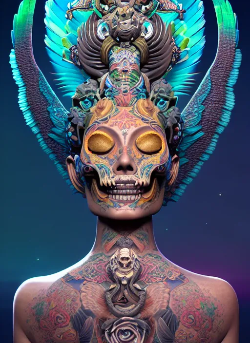 Image similar to 3 d goddess with tattoos profile portrait, sigma 5 0 0 mm f / 5. beautiful intricate highly detailed quetzalcoatl skull and feathers. bioluminescent, plasma, lava, ice, water, wind, creature, thunderstorm! artwork by tooth wu and wlop and beeple and greg rutkowski, 8 k trending on artstation,