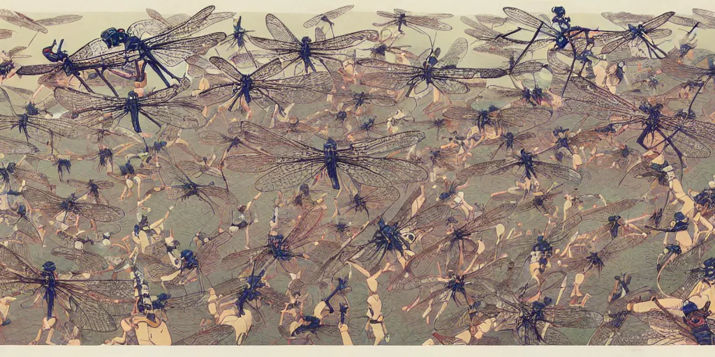 Image similar to gigantic dragonflies with human faces catch tiny robots, a lot of exotic mechas robots around, human heads everywhere, risograph by kawase hasui, satoshi kon and moebius, 2 d gouache illustration, omnious, intricate, a lot of tiny details, fullshot