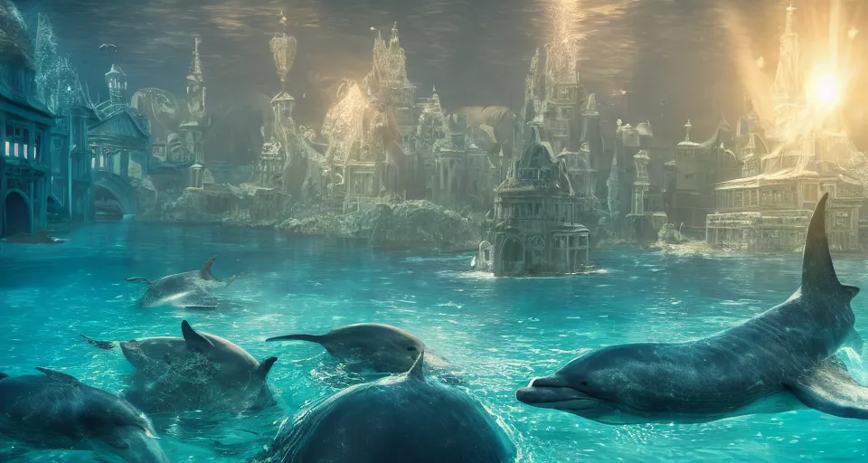 Image similar to fantasy underwater world with buildings, mermaids and fish, whales, dolphins, light rays coming from above through the water, hyperrealistic, 8K, octane render, rtx