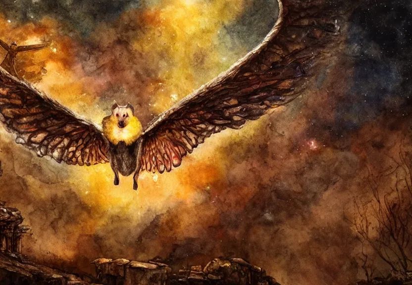 Image similar to legendary fire winged possum flying over a medieval forest castle at night under the dark starred sky, dark fantasy, watercolor, dreaming illusion, highly detailed, 4k, trending on Artstation