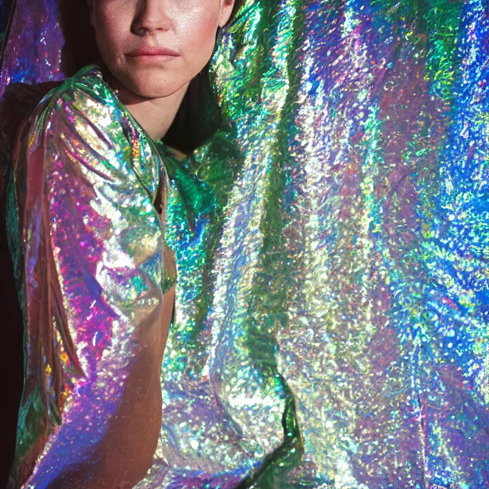 Image similar to closeup portrait of a woman wrapped in iridescent foil, standing in a grocery store, dirty grocery store, grungy grocery store, color photograph, by vincent desiderio, canon eos c 3 0 0, ƒ 1. 8, 3 5 mm, 8 k, medium - format print