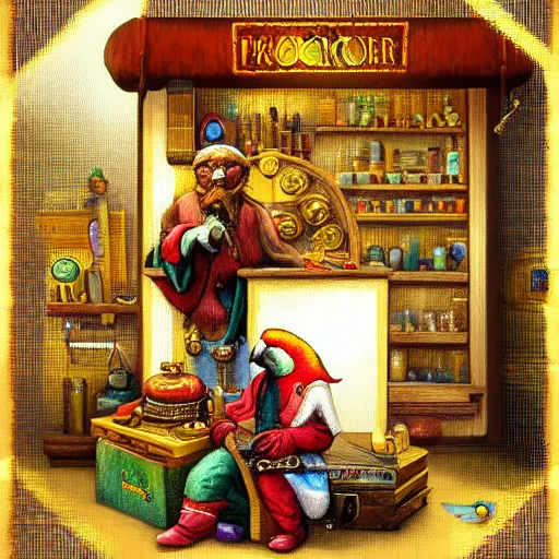 Image similar to Anthropomorphized parrot trader in his shop, selling his wares, portrait, items, gold, magic potions, carpet, window, sly expression , cunning expression, cute expression, beautiful beak, presenting wares, holding a gold bag, D&D, fantasy, cinematic lighting, highly detailed, digital painting, artstation, concept art, smooth, sharp focus, illustration, warm light, cozy warm tint, magic the gathering artwork, volumetric lighting, 8k, art by Akihiko Yoshida, Greg Rutkowski