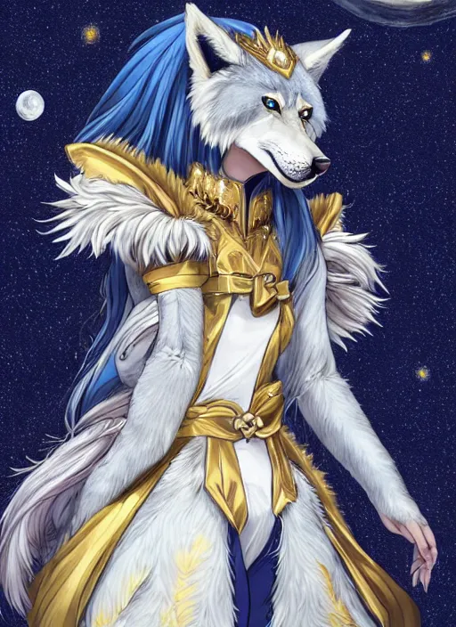 Image similar to commissioned full body portrait of a female anthro wolf princess fursona with a furry wolf head and white hair wearing a blue and gold Japanese armored dress in a white and gold palace on a starry night with a large crescent moon, by a professional manga illustrator, Stanley Artgerm Lau, WLOP, Rossdraws, James Jean, Andrei Riabovitchev, Marc Simonetti, and Sakimichan, trending on artstation