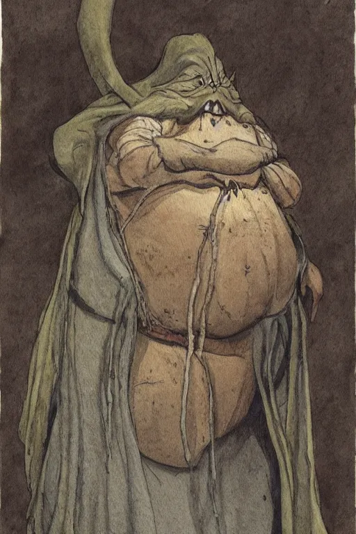 Image similar to a obese gray sniveling rat person wearing a decaying brown cloak, color painting by john blanche