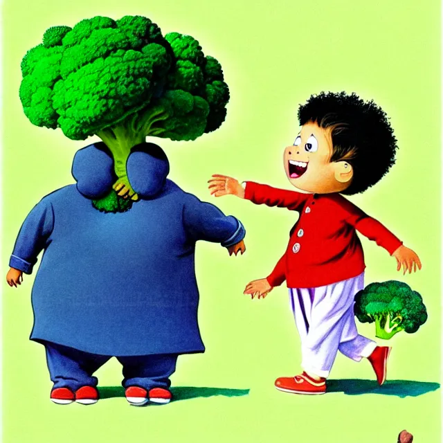 Prompt: professional kids book illustration of a Pakistani toddler boy walking beside a friendly anthropomorphic broccoli, best on artstation,, astonishing, impressive, outstanding, cheerful, stunning, masterpiece by Maurice Sendak, Eric Carle, and Beatrix Potter.