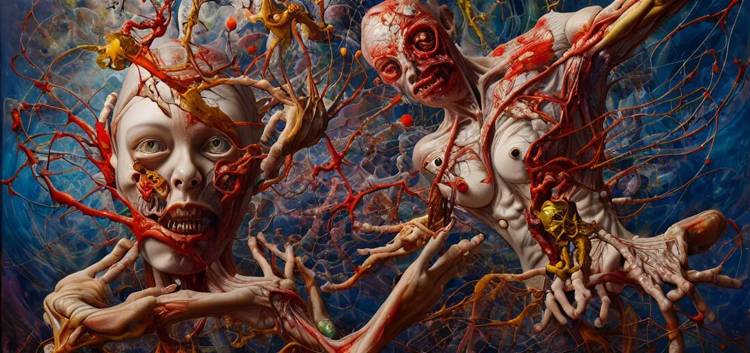 Image similar to fleshy anatomical figures with extra limbs, hovering in the air, zero gravity, neurons firing, rich colours, karol bak, mark brooks, hauntingly surreal, highly detailed painting by katsuhiro otomo, part by james jean, part by adrian ghenie, part by gerhard richter, soft light 4 k