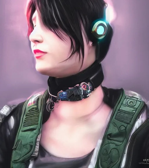 Image similar to detailed realistic female character cyberpunk wearing thick technological collar around neck, realistic, art, beautiful, 4K, collar, choker, collar around neck, punk, artstation, detailed, female, woman, choker, cyberpunk, neon, punk, collar, choker, collar around neck, thick collar, tight around neck, punk,