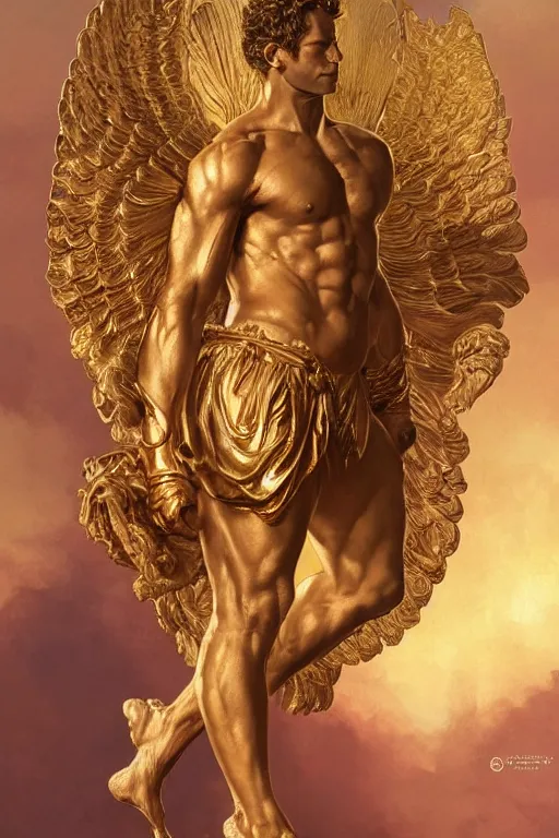 Image similar to ultra realistic illustration, a golden statue of a herculean glenn howerton as the god apollo, intricate, elegant, highly detailed, digital painting, artstation, concept art, smooth, sharp focus, illustration, art by artgerm and greg rutkowski and alphonse mucha