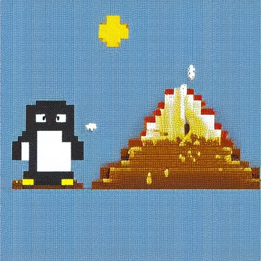 Image similar to arctic landscape, 8 bit pixel art, penguin, hut