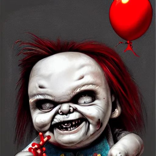 Image similar to surrealism grunge cartoon portrait sketch of chucky with a wide smile and a red balloon by - michael karcz, loony toons style, minecraft style, horror theme, detailed, elegant, intricate