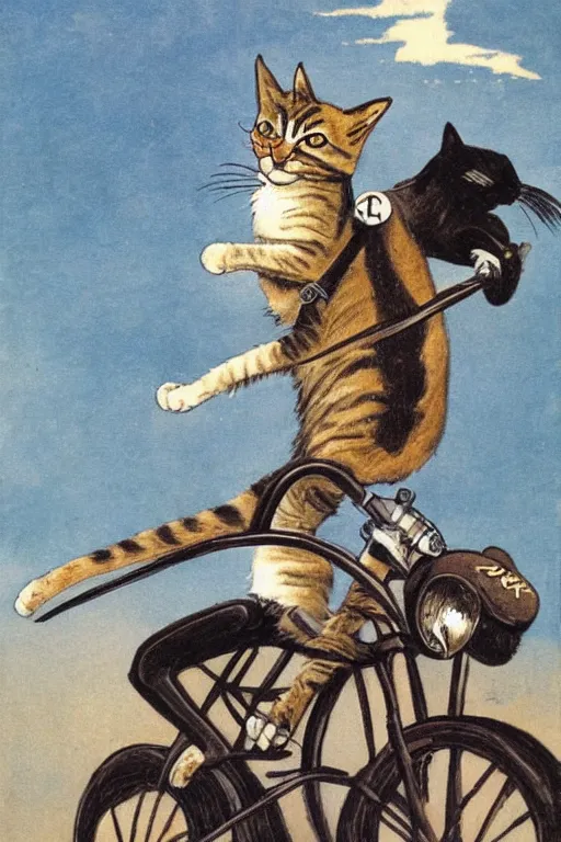 Prompt: a cat riding a motorcycle by p. d. eastman