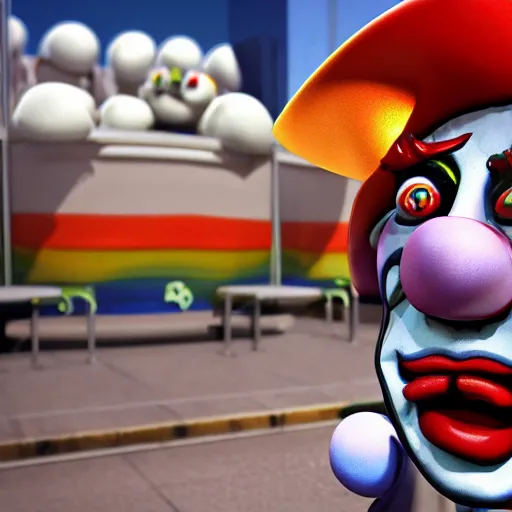 Prompt: Killer Animtronic Clown selling ice cream, 4k, 3d render, realistic