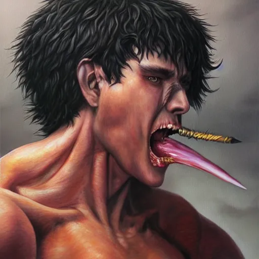 Image similar to Hyper-realistic paintings of Guts From Berserk by Mike Dargas