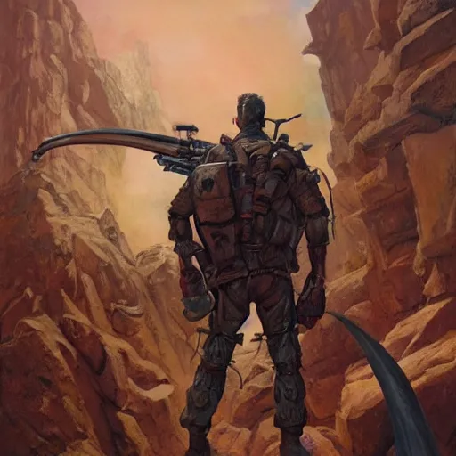 Image similar to a tactical soldier with his back to the viewer, looks up to see a giant woman with horns, by jon foster, gerald brom, and wayne barlowe