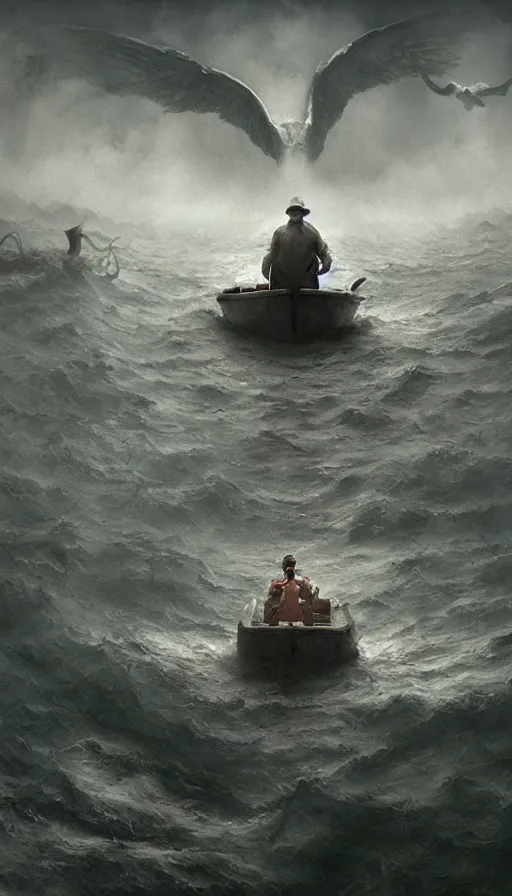 Image similar to man on boat crossing a body of water in hell with creatures in the water, sea of souls, by jeremy geddes