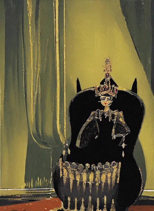 Prompt: an oil painting of a small queen in a black funeral dress sit on a throne, by eyvind earle