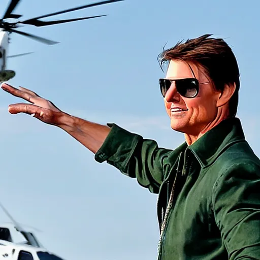 Image similar to Tom Cruise waving to fans. He's wearing bluejeans and a green jacket, Ralph Lauren. A helicopter is in the background. Shallow depth of field