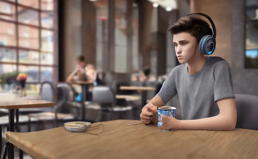 Image similar to a male teenager with headphones in a cafe sitting in front of a table with a coffee, digital painting, masterpiece, digital art, concept art, octane render, unreal engine 5, trending on deviantart, highly detailed, high quality, 4 k, cartoon, high coherence, realistic, anatomically correct, five fingers, relaxing, realistic and detailed face, beautiful, elegant