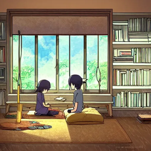 Prompt: a peaceful room with a desk and bookshelves, calm and serene, with rain visible through the windows of the room. Digital art by studio ghibli