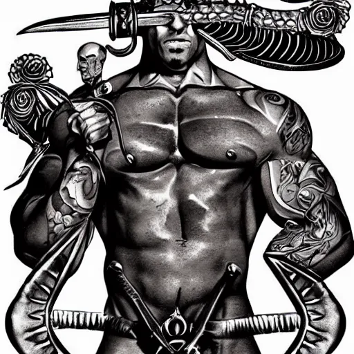 Image similar to muscular bald man, tattooed body, sword in hands, HD, anime style,