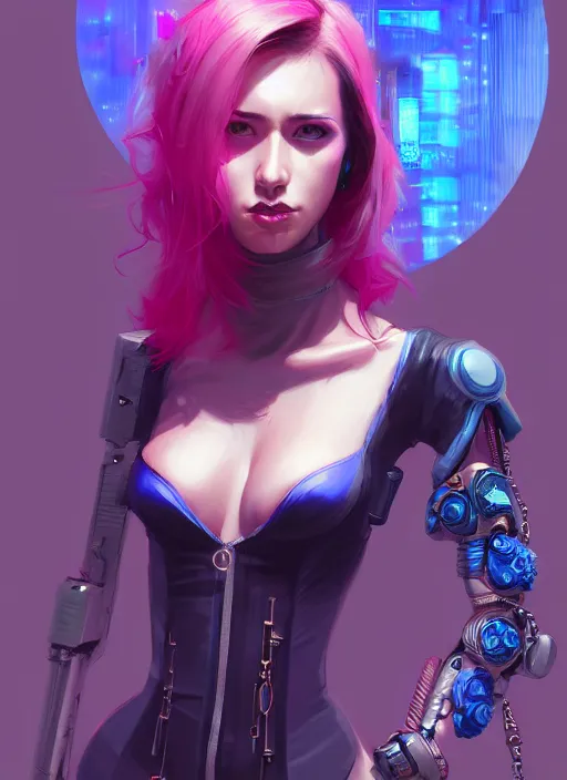 Image similar to cyberpunk lady in mafia, wide angle view, flowers, blue black pink, gold, diamonds, highly detailed, artgerm, cushart krenz, artstation, soft light, sharp focus, illustration, character design, concept art