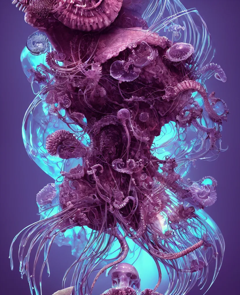 Image similar to goddess close-up portrait ram skull, thorax, x-ray, backbone, jellyfish phoenix head, nautilus, orchid, skull, betta fish, bioluminiscent creatures, intricate artwork by Tooth Wu and wlop and beeple. octane render, trending on artstation, greg rutkowski very coherent symmetrical artwork. cinematic, hyper realism, high detail, octane render, 8k