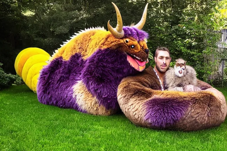 Image similar to Giant monster loafing in the backyard. Brown and purple fur, yellow claws and teeth, green eyes, curled horns, relaxed demeanor. A young couple relaxes next to the monster, snuggled up to its fur.