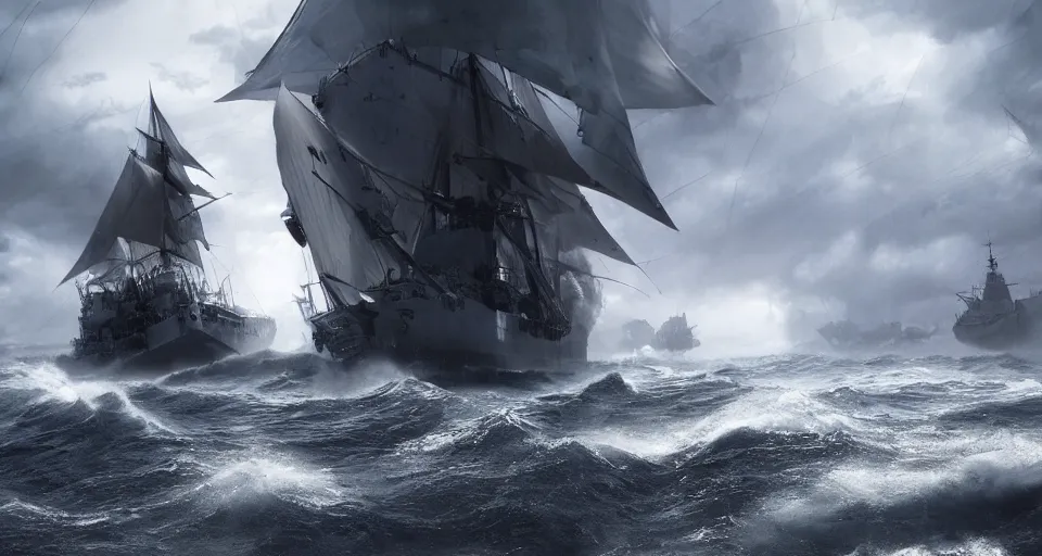 Image similar to battleship as tall as a mountain with huge sails, raging sea foggy, dramatic, action scene, stormy background, shipfleet on the horizon, high detail, unreal engine, octane render, 8 k high definition, photorealistic