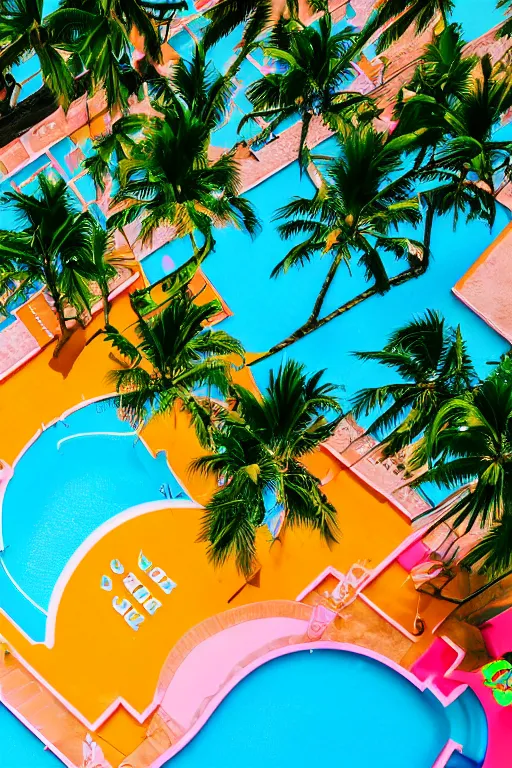 Prompt: close up aerial view of a swimming pool with palm trees, sparkling water, vaporwave, 9 0 s aesthetic, pop colors, bright, tropical aesthetic, beautiful lighting, faded effect, vintage