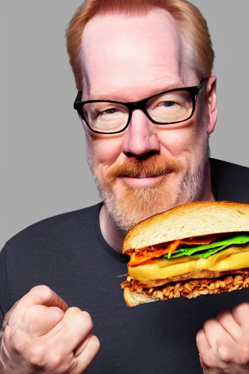 Image similar to 📷 portrait of adam savage with a sandwich head, food head, still image, high resolution, 4 k