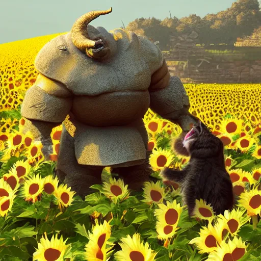 Image similar to ogre in lether armor petting a cat in sunflower fields, award winning, trending on artstation, unreal engine