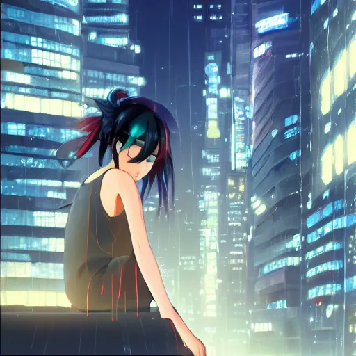 Image similar to beautiful anime painting of a woman with dark - blue hair sitting on a rooftop in a cyberpunk city, nighttime, by makoto shinkai, kimi no na wa, artstation, atmospheric, high detail