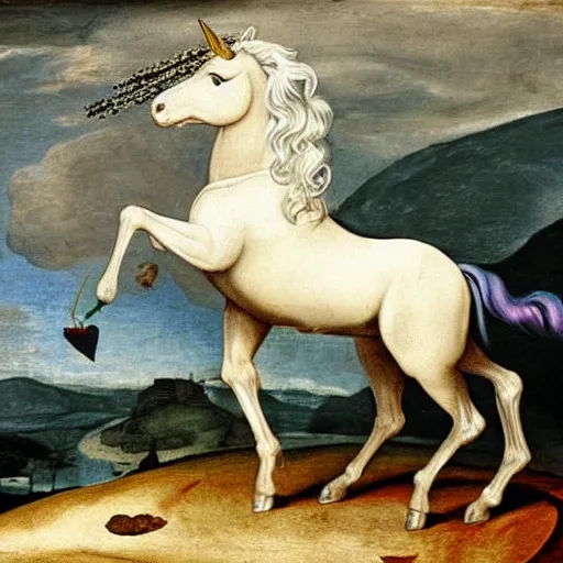 Image similar to a unicorn walking on a rainbow in the style of Caravaggio