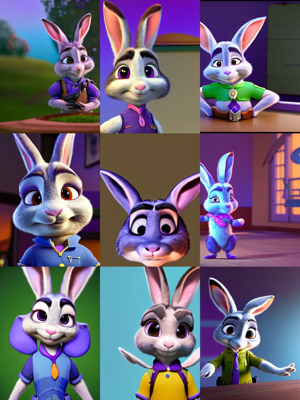 Prompt: judy hopps from zootopia, gorgeous rabbit bunny render in renderman with purple eyes and a police uniform