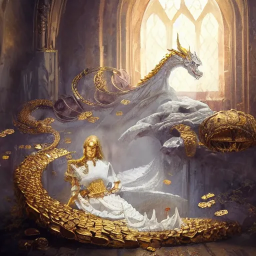 Image similar to concept art of a white scaled dragon laying on a mountain of golden coins and precious jewels inside a castle, medieval, jewels, gold, painting by wlop, nixeu and greg rutkowski, beautiful, semirealism, artstation, octane render, sharpness, 8 k, golden ratio