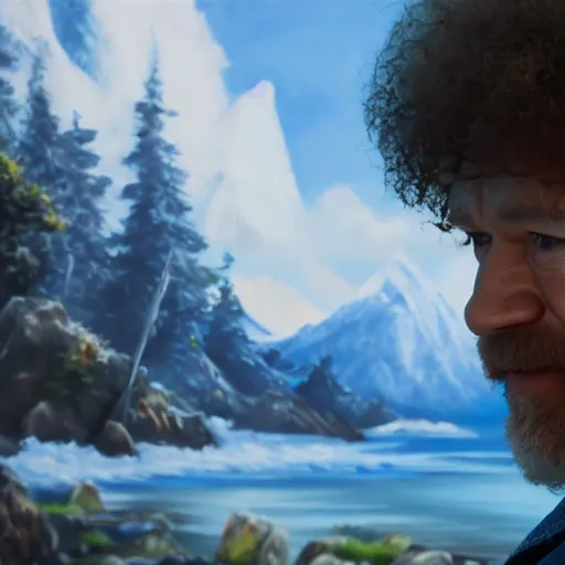 Image similar to a closeup photorealistic photograph of bob ross working on a canvas painting of aquaman. film still. brightly lit scene. mountains and trees. this 4 k hd image is trending on artstation, featured on behance, well - rendered, extra crisp, features intricate detail, epic composition and the style of unreal engine.