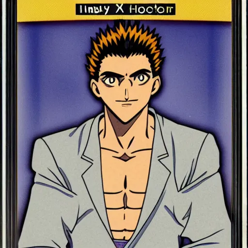 Prompt: official hunter x hunter card with picture of a thin white skinned armenian with a big jaw and a hairy chest