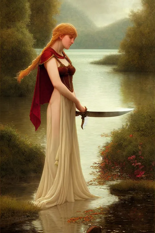 Image similar to a portrait of a sorceress dropping a sword into the lake, illustration, soft lighting, soft details, painting oil on canvas by Edmund Blair Leighton and Charlie Bowater