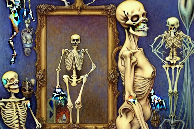 Prompt: realistic extremely detailed portrait painting of a skeleton looking in vintage mirror, alien crowd in background by Jean Delville, Amano, Yves Tanguy, Alphonse Mucha, Ernst Haeckel, Edward Robert Hughes, Roger Dean, rich moody colours, blue eyes