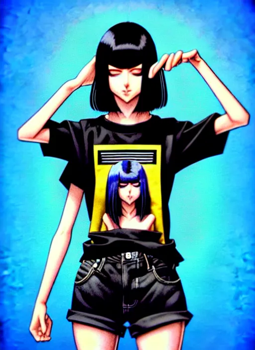 Prompt: richly detailed colored pencil 3 d illustration woman silky straight black hair with iridescence wearing nirvana logo tshirt and short black shorts, she staring at the camera happily art by range murata and artgerm.