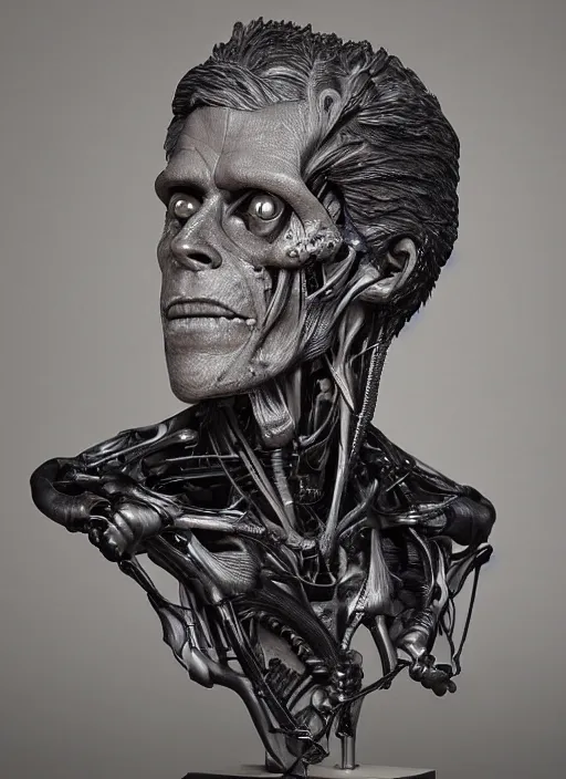 Prompt: a bust sculpture of anatomical detailed cyborg, willem dafoe, blue blood, become human, ceramic base, orthographic, studio lighting