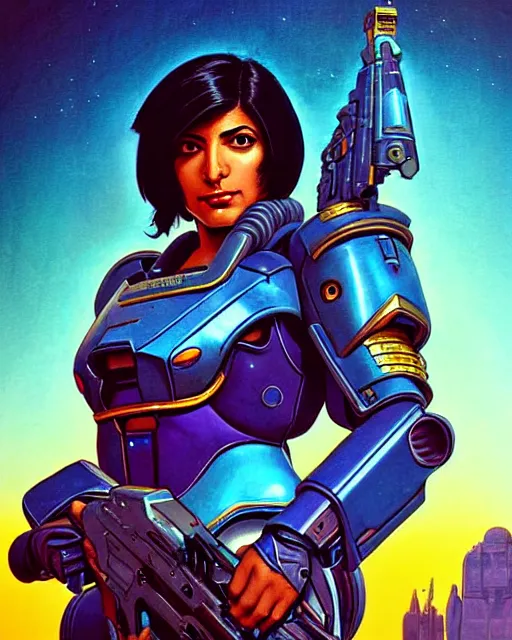 Image similar to pharah from overwatch, character portrait, portrait, close up, concept art, intricate details, highly detailed, vintage sci - fi poster, retro future, in the style of chris foss, rodger dean, moebius, michael whelan, and gustave dore