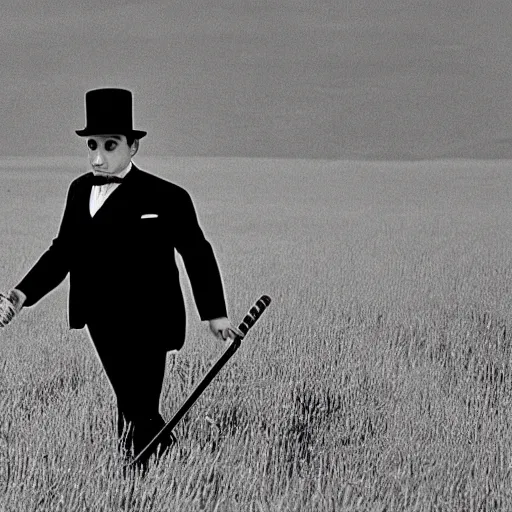 Prompt: a film still of a man holding a cane wearing a black suit and a bowler hat with a robotic face walking in a empty field in a 60s movie, black and white